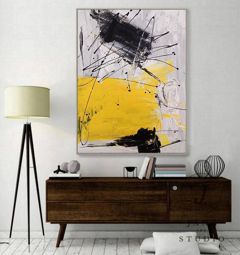 Gray Minimal Black Yellow Abstract Canvas Artwork W9TD1 wall art